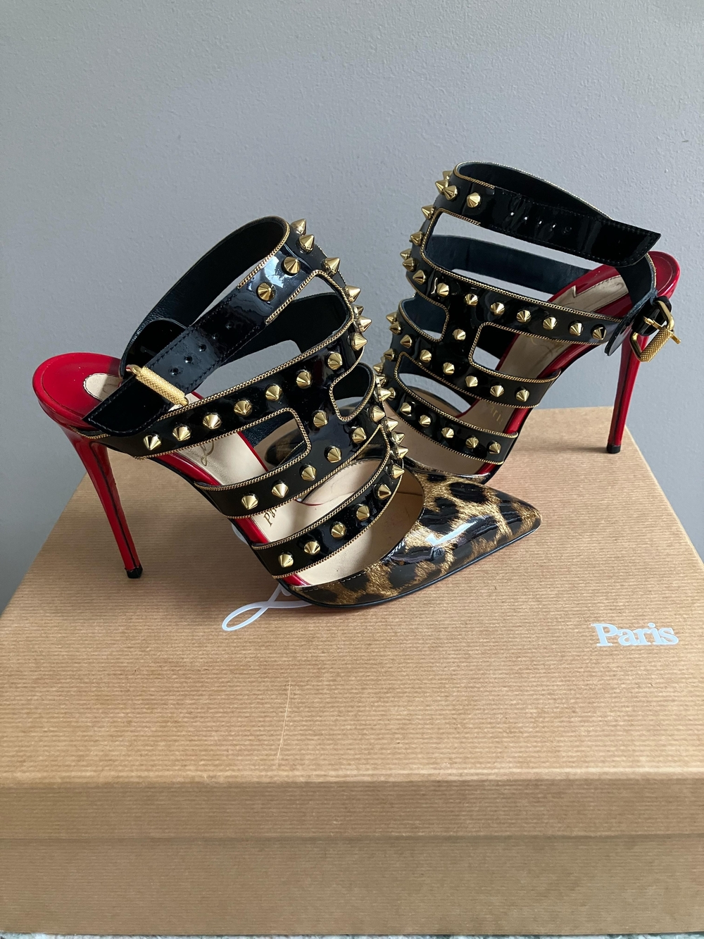 Christian Louboutin Leopard Pointed Studded Strap Pump - Black & Brown - Picture 2 of 7